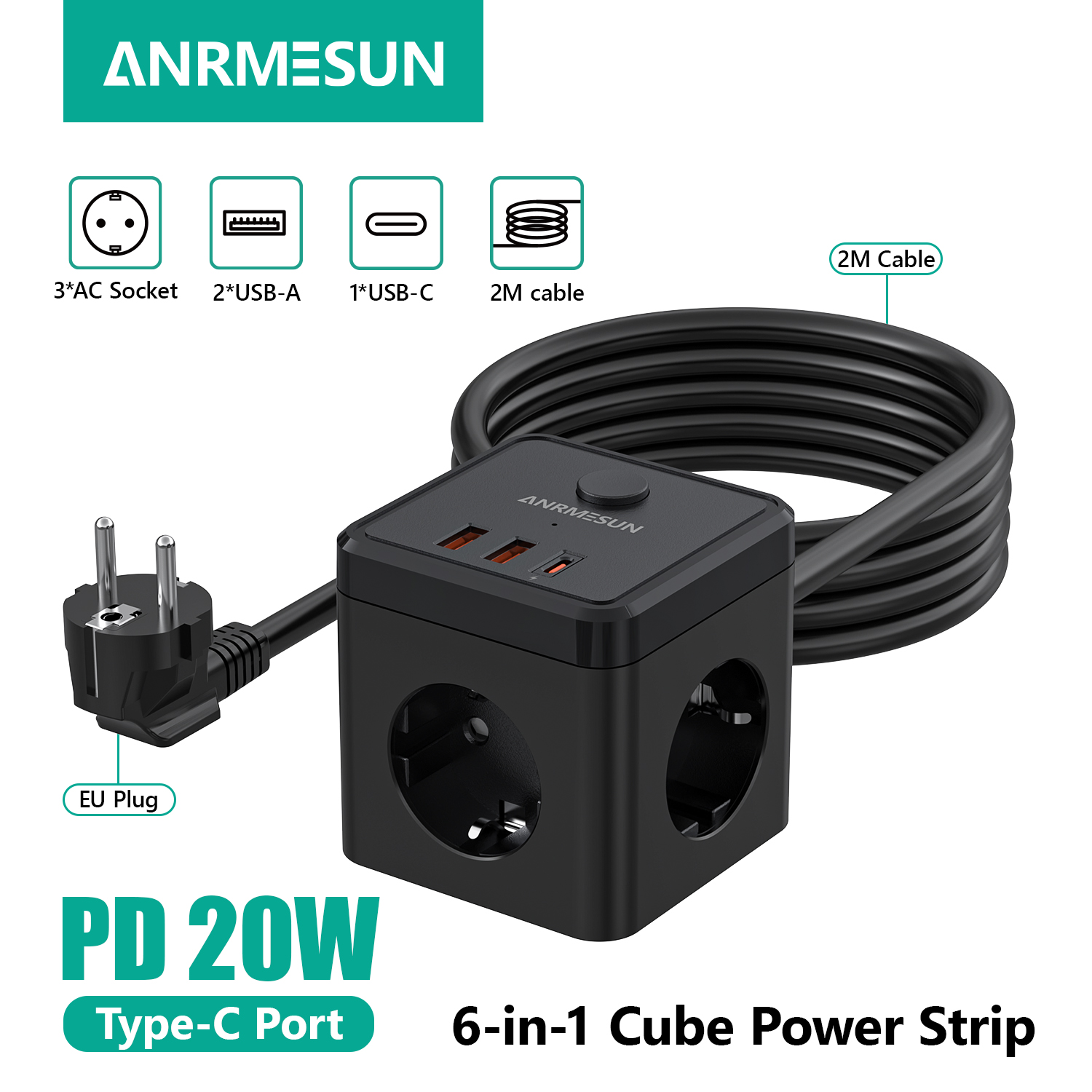 Power Strip Flat - Stop Kontak Dinding 6-in-1 dengan Kabel