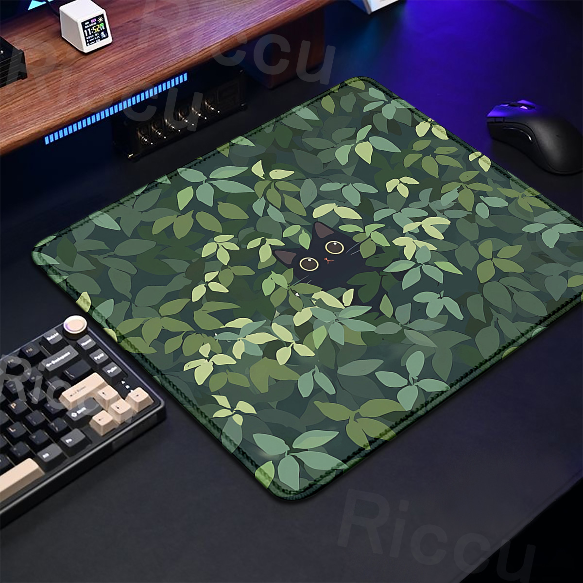 Korean Desk Setup - Mousepad kucing hitam Lucu 18x22cm tanaman